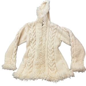 Sisandina Wool Sweater Womens XS/S Cream Handknit‎ Zip Front Penny Y2K Fringe